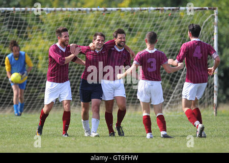 Jay Cubed (yellow/blue) vs Bristow City - Hackney & Leyton Sunday League Football at South Marsh, Hackney Marshes, London - 01/09/13 Stock Photo