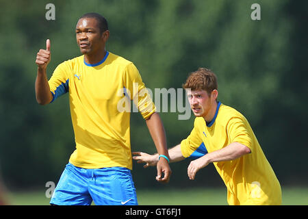 Jay Cubed (yellow/blue) vs Bristow City - Hackney & Leyton Sunday League Football at South Marsh, Hackney Marshes, London - 01/09/13 Stock Photo