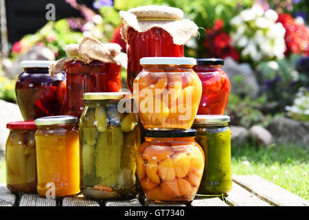 Jars of pickled vegetables and fruits in the garden. Marinated food. Stock Photo