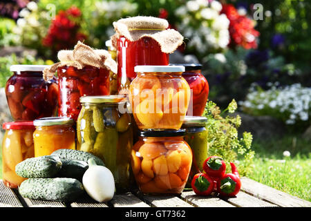 Jars of pickled vegetables and fruits in the garden. Marinated food. Stock Photo