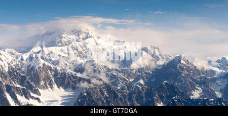 Aerial view of Denali (Mt. McKinley), the Kahiltna Glacier and the Alaska Range on a sightseeing flight from Talkeetna, Alaska. Stock Photo