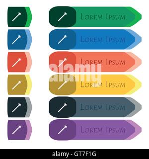Magic Wand Icon sign. Set of colorful, bright long buttons with additional small modules. Flat design Stock Vector