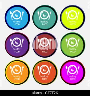 healthy food concept icon sign. Nine multi colored round buttons. Vector Stock Vector