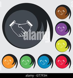 Handshake icon sign. Symbols on eight colored buttons. Vector Stock Vector
