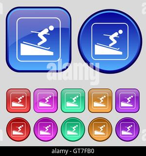 Skier icon sign. A set of twelve vintage buttons for your design. Vector Stock Vector