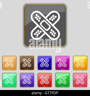 adhesive plaster icon sign. Set with eleven colored buttons for your site. Vector Stock Vector