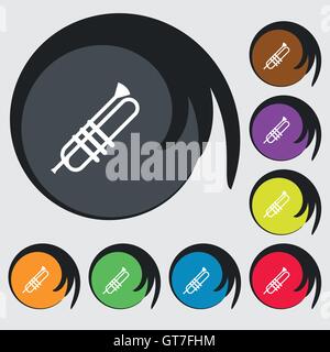 Trumpet icons sign. Symbols on eight colored buttons. Vector Stock Vector