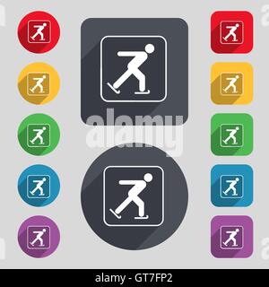 Ice skating icon sign. A set of 12 colored buttons and a long shadow. Flat design. Vector Stock Vector