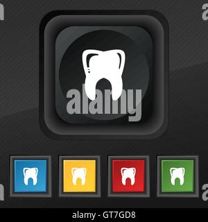 Tooth icon symbol. Set of five colorful, stylish buttons on black texture for your design. Vector Stock Vector