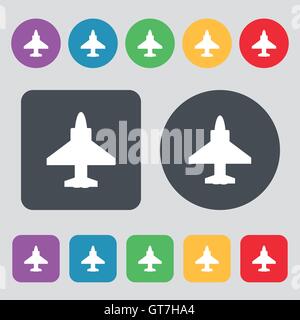Aircraft or Airplane Icon sign. A set of 12 colored buttons. Flat design. Vector Stock Vector
