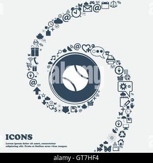 tennis ball icon in the center. Around the many beautiful symbols twisted in a spiral. You can use each separately for your desi Stock Vector