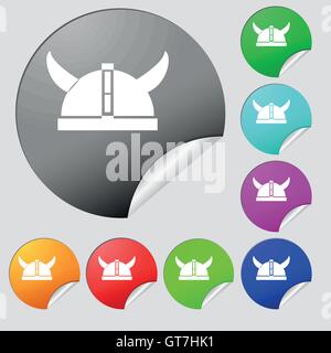 viking helmet icon sign. Set of eight multi colored round buttons, stickers. Vector Stock Vector