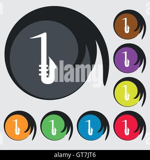 Saxophone icon sign. Symbols on eight colored buttons. Vector Stock Vector
