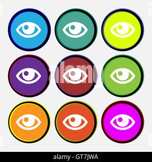 Eye icon sign. Nine multi colored round buttons. Vector Stock Vector