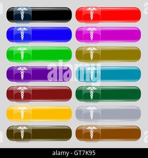 medicine icon sign. Set from fourteen multi-colored glass buttons with place for text. Vector Stock Vector