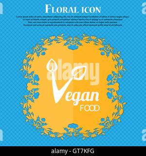 Vegan food graphic design icon. Floral flat design on a blue abstract background with place for your text. Vector Stock Vector