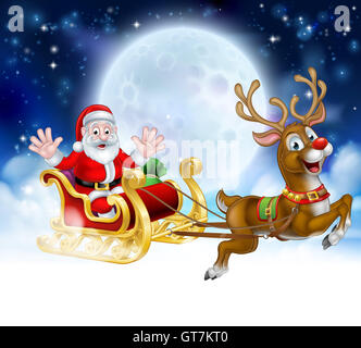 Christmas scene of Santa Claus cartoon character in his sled sleigh with his red nosed reindeer delivering gifts in flying in fr Stock Photo