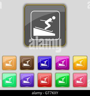 Skier icon sign. Set with eleven colored buttons for your site. Vector Stock Vector