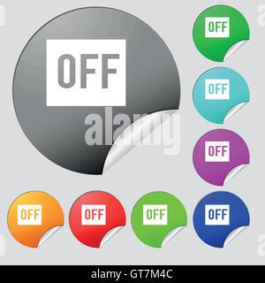 OFF icon sign. Set of eight multi colored round buttons, stickers. Vector Stock Vector
