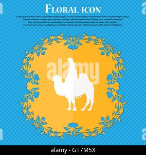 Camel icon. Floral flat design on a blue abstract background with place for your text. Vector Stock Vector