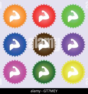Biceps strong arm. Muscle icon sign. Big set of colorful, diverse, high-quality buttons. Vector Stock Vector