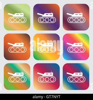 Tank, war, army icon . Nine buttons with bright gradients for beautiful design. Vector Stock Vector