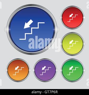descent down icon sign. Round symbol on bright colourful buttons. Vector Stock Vector