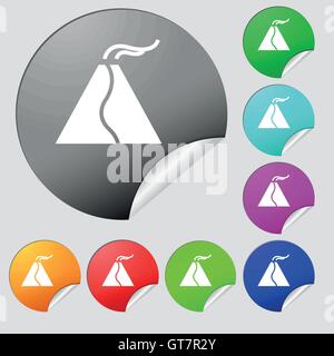 active erupting volcano icon sign. Set of eight multi colored round buttons, stickers. Vector Stock Vector