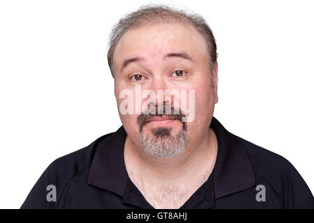 Skeptical middle-aged man raising his eyebrows with a look of surprise and distrust, head and shoulders isolated on white Stock Photo