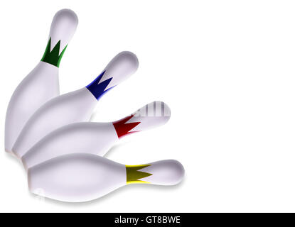 Set of four decorative fanned bowling pins with different colored collars arranged in the corner of the frame viewed from above Stock Photo