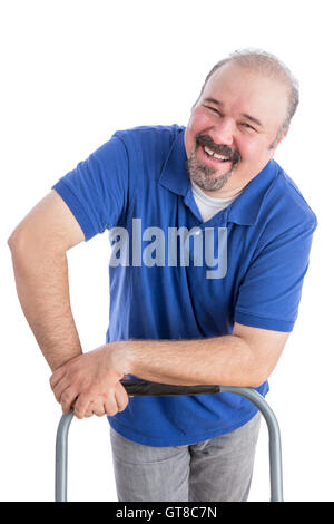 Happy Adult Male Worker Leaning Against the Chair, Showing a Genuine Toothy Smile While Looking at the Camera. Isolated on White Stock Photo