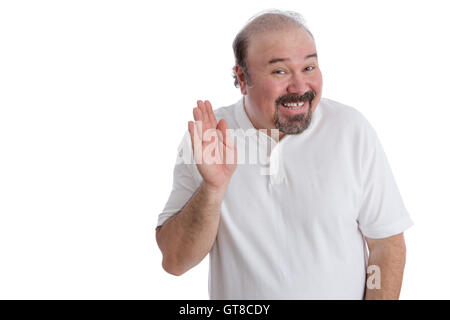 Hello there from a big guy concept with an overweight middle-aged balding man with a goatee beard leaning forwards with a cheer Stock Photo
