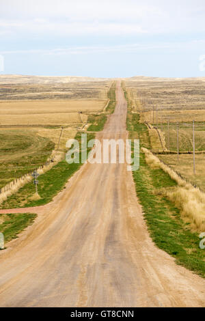 Long straight deserted dirt road in North Carolina, America disappearing into the distance of gently rolling undulating hilly te Stock Photo