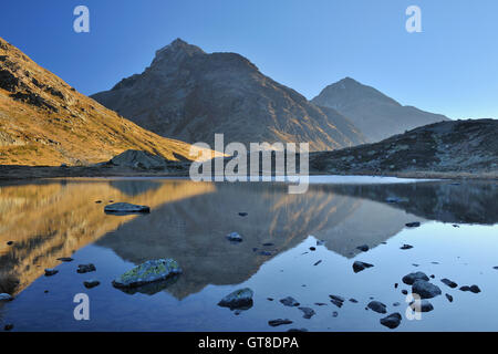 Reflection of Mountains in Lake, Julier Pass, Canton of Graubunden, Switzerland Stock Photo