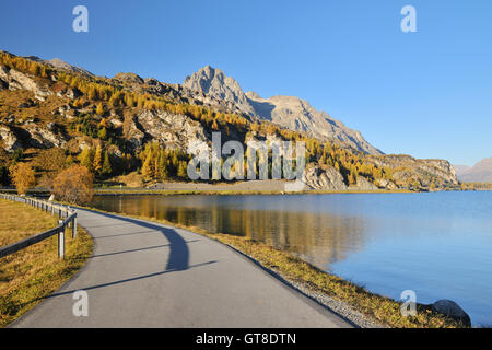 Lakeside Road in Autumn, Silsersee, Maloja, Engadin, Canton of Graubunden, Switzerland Stock Photo