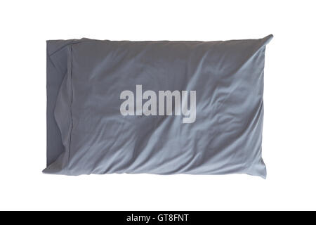Comfortable soft pillow in a wrinkled grey pillowcase for protection and hygiene isolated on white Stock Photo