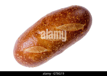 Rounded delicious crusty loaf of freshly baked sourdough bread isolated on white in a diagonal overhead view Stock Photo