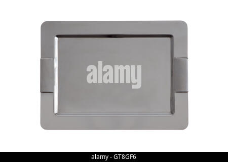 Stylish stainless steel tray with rounded chamfered corners and integrated handles for use in catering to serve food and beverag Stock Photo