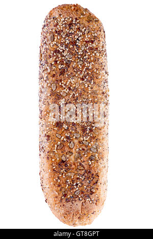 Underneath view of a loaf of freshly baked wholegrain bread covered with sesame seeds isolated on a white background in an aeria Stock Photo