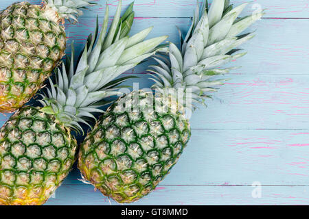 Three fresh juicy tropical pineapples with their green leaves laid out side by side on a blue table with copy space viewed from Stock Photo