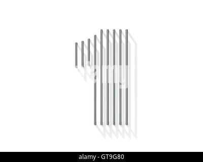 Silver, steel wire font. Number ONE 1 with vertical shadows. 3D render illustration isolated on white background Stock Photo