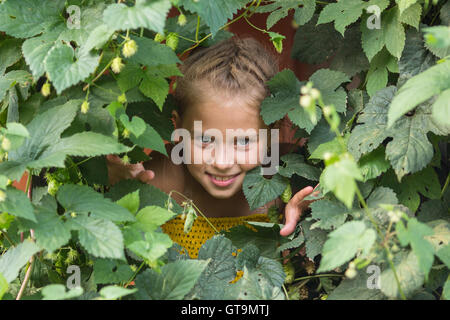 Little girl peeping through the greenery in the greenhouse. Stock Photo