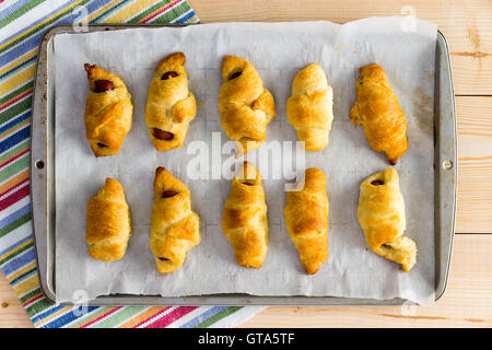 Freshly baked tray of hot dog croissants in golden flaky pastry rolled around spicy sausages cooling on a colorful napkin on a w Stock Photo