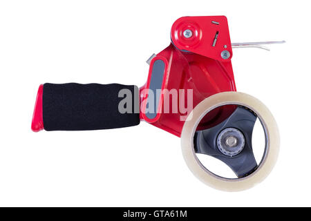 Side view on single red and black heavy industrial duty loaded tape dispenser over isolated white background Stock Photo