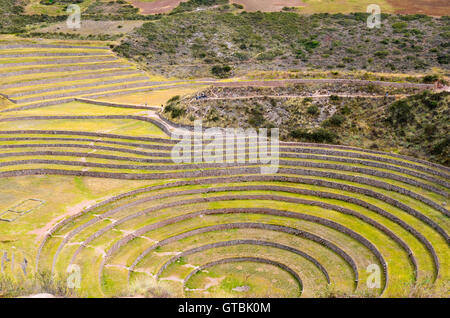 Ancient Inca circular agricultural terraces at Moray used to study the effects of different climatic conditions on crops Stock Photo