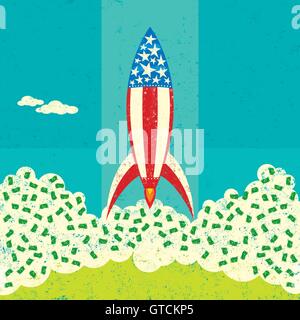 American economy taking off A rocket, representing the American economy, launching from the ground with cash blowing everywhere. Stock Vector
