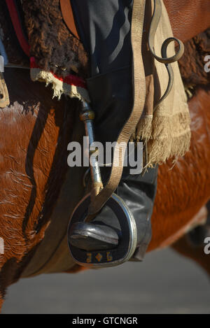 Buenos Aires, Argentina. 12 Jun 2016. Gaucho boots at the Feria de Mataderos during the Corrida de sortija game. Stock Photo