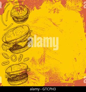 Hamburger background One cheeseburger and two hamburgers with onion rings and french fries over an abstract background. Stock Vector
