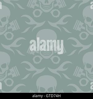 Skull and Pistons Seamless Vector Background pattern or texture with flames. Stock Vector