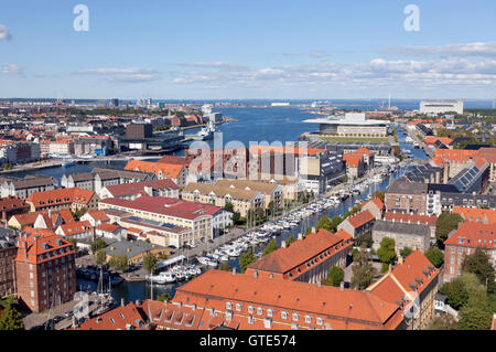 Aerial view of Christianshavn Canal and historic streets, inner harbour, the Royal Danish Opera House and opposite the Royal Playhouse. Copenhagen. Stock Photo